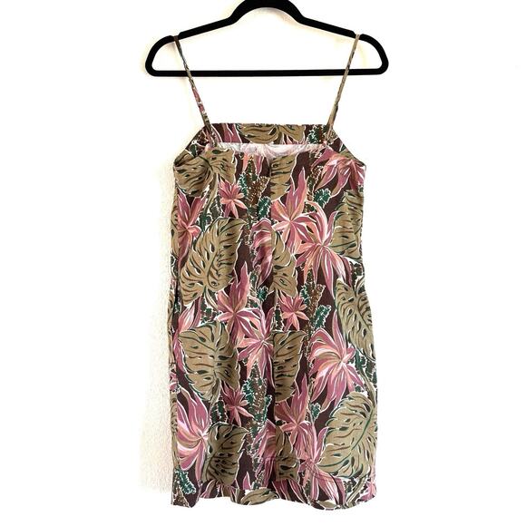 Madewell Goldie Mini Dress in 100% Linen Dark Coffee Tropical Print - Picture 2 of 11